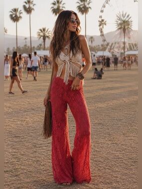 URBAN OUTFITTERS Tasha Sheer Lace Flare Pant In Red 4